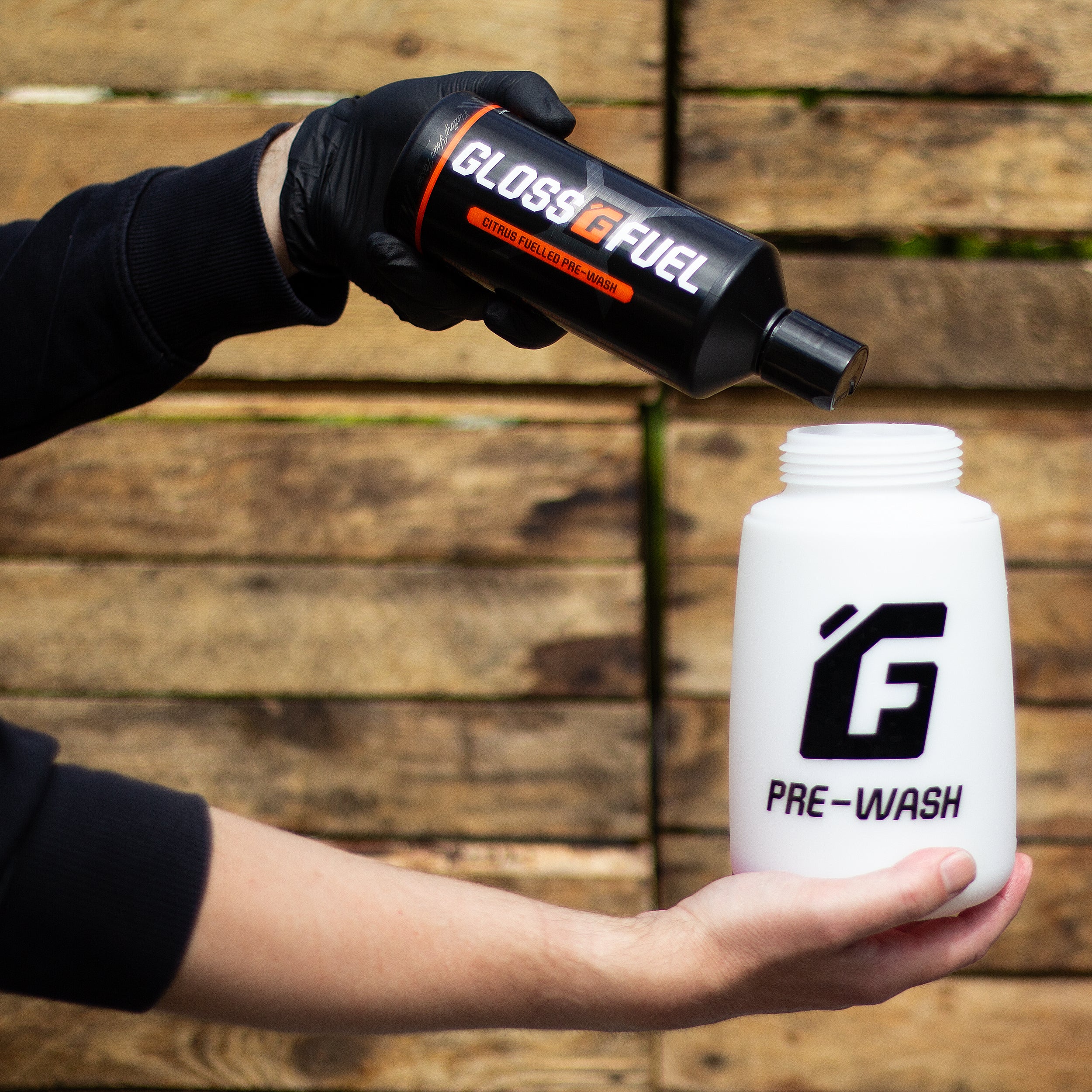 Gloss Fuel Citrus Fuelled Pre-Wash - 500ml Bottle Pouring into an IK Pump Sprayer Bottle