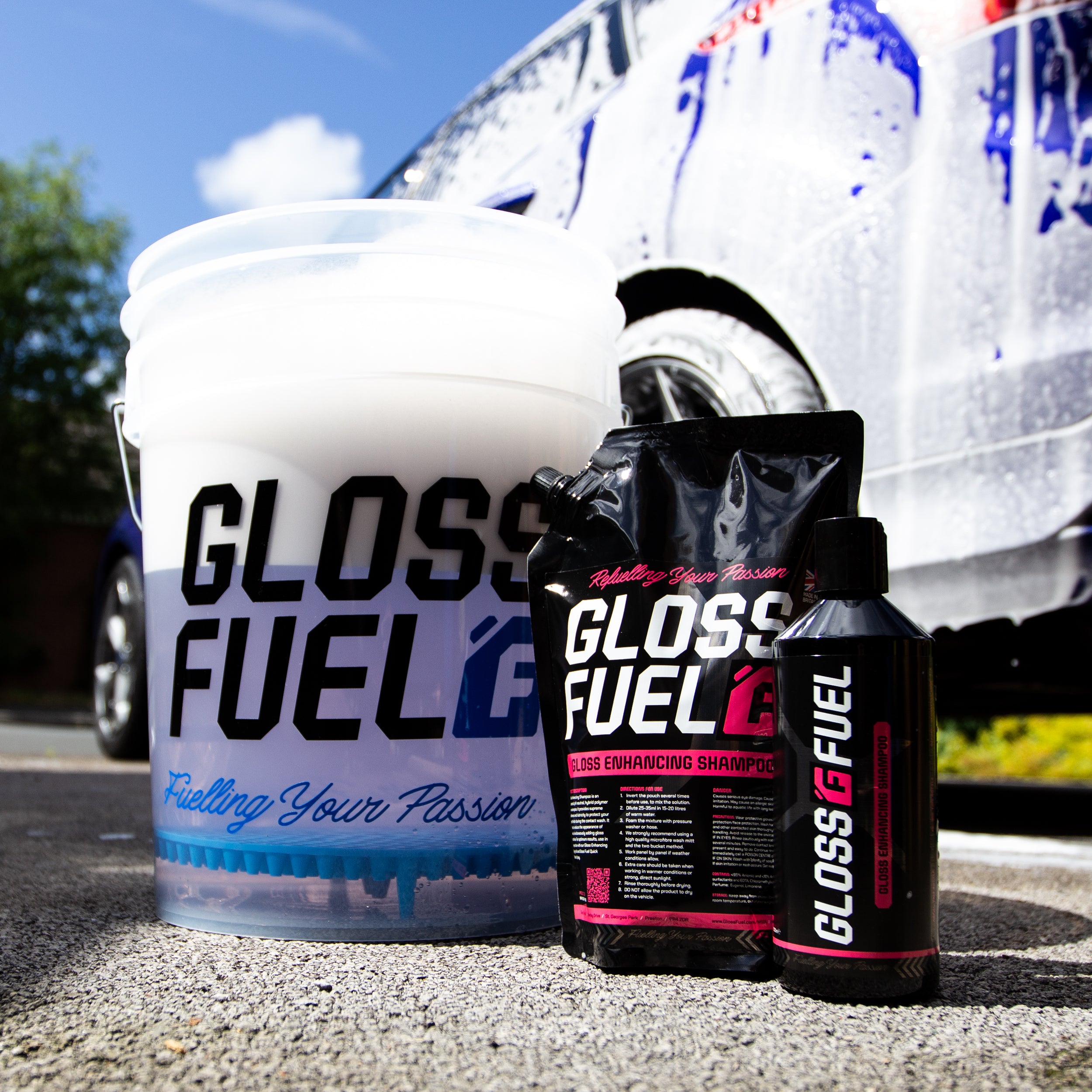 Gloss Fuel Gloss Enhancing Shampoo in a Bucket with a 500ml Bottle and 1000ml Refuel Pack